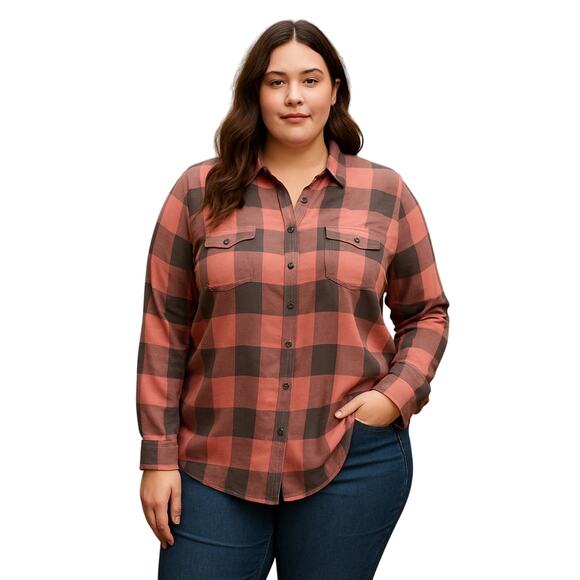 Boutique Plus 1X Pink & Gray Buffalo Plaid Button-Front Shirt - Picture 1 of 6